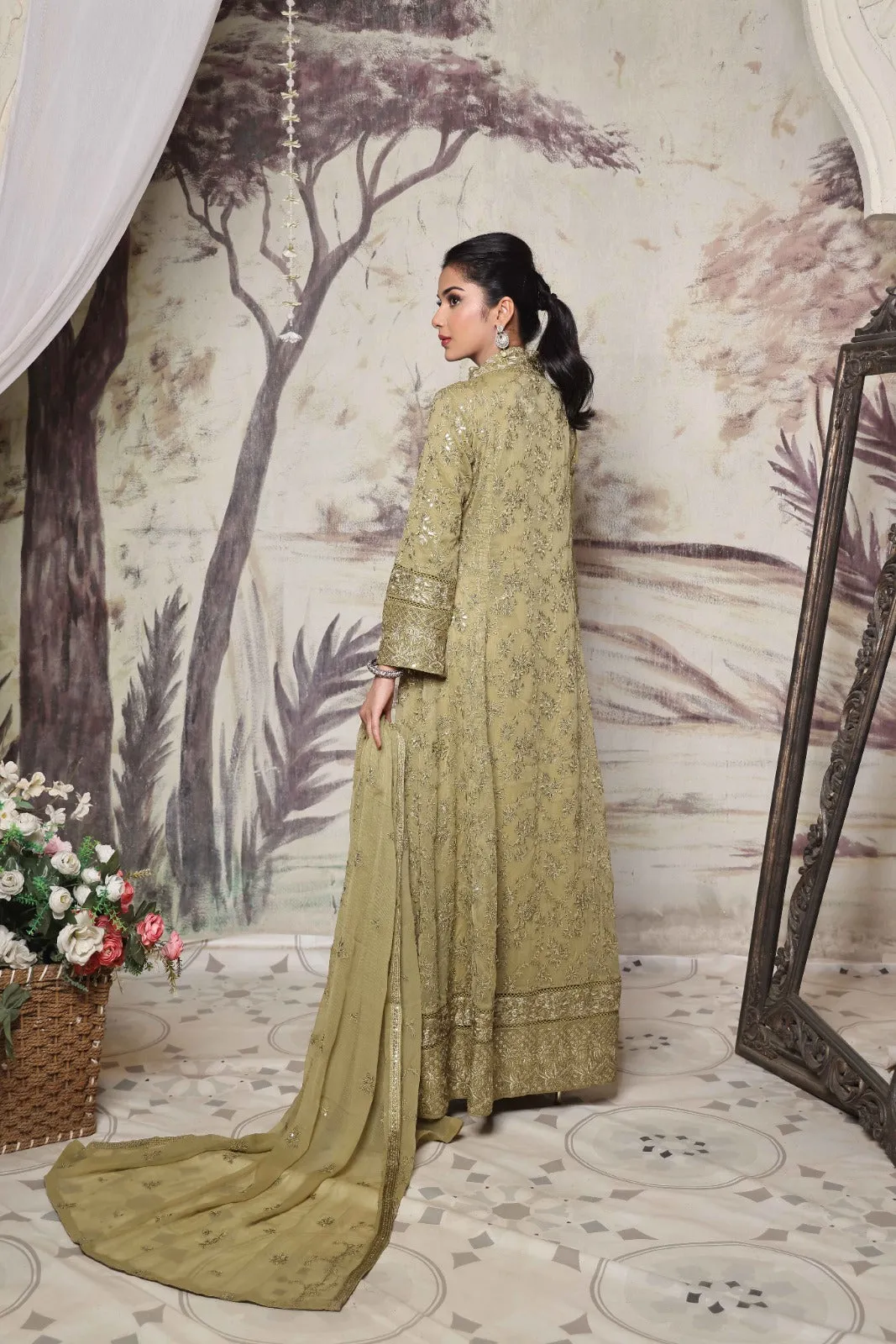 Mehndi Magic: Embroidered Open Gown Frock