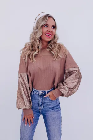 Mesmerizing Sequin Sleeve Crop Top - Mocha