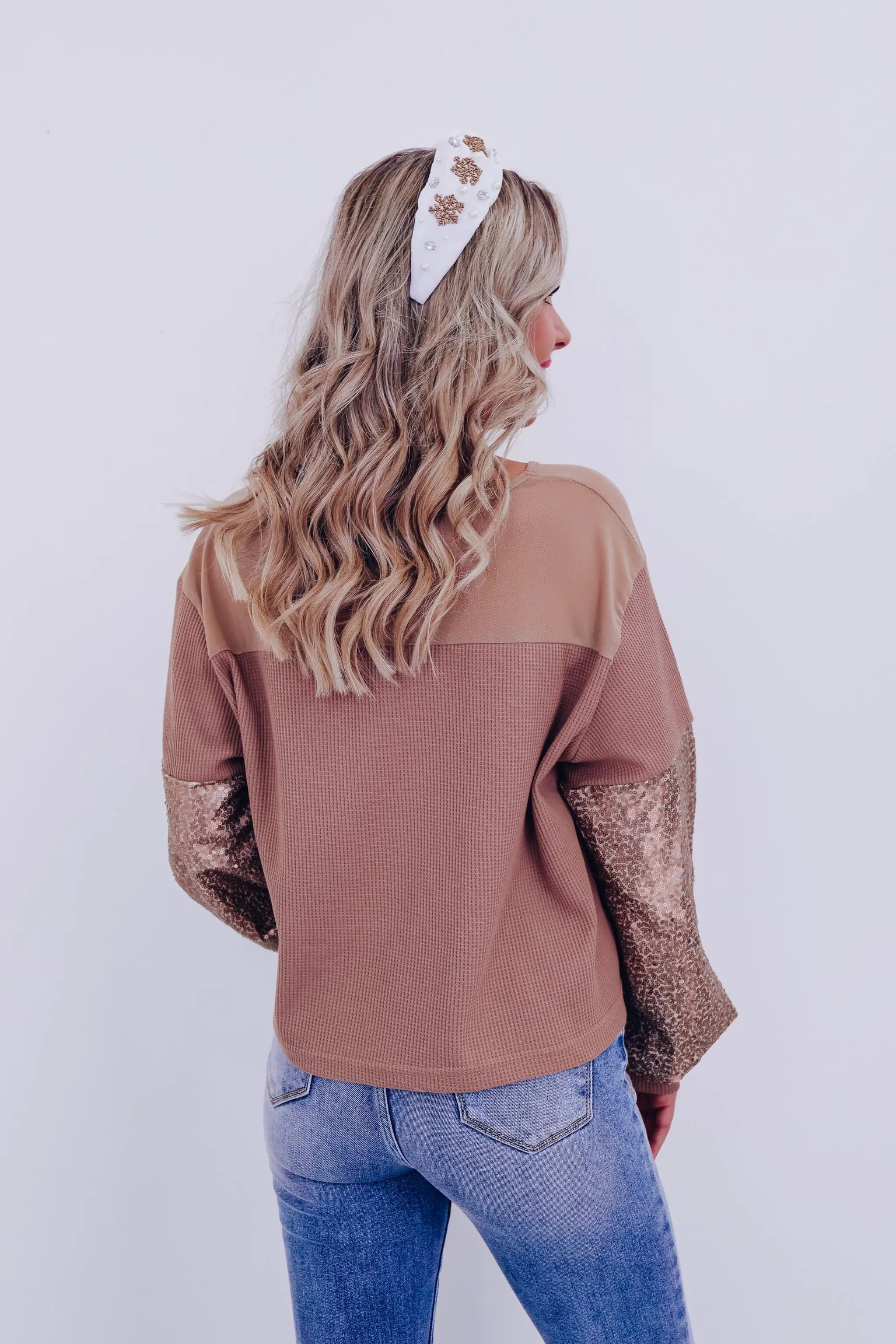 Mesmerizing Sequin Sleeve Crop Top - Mocha