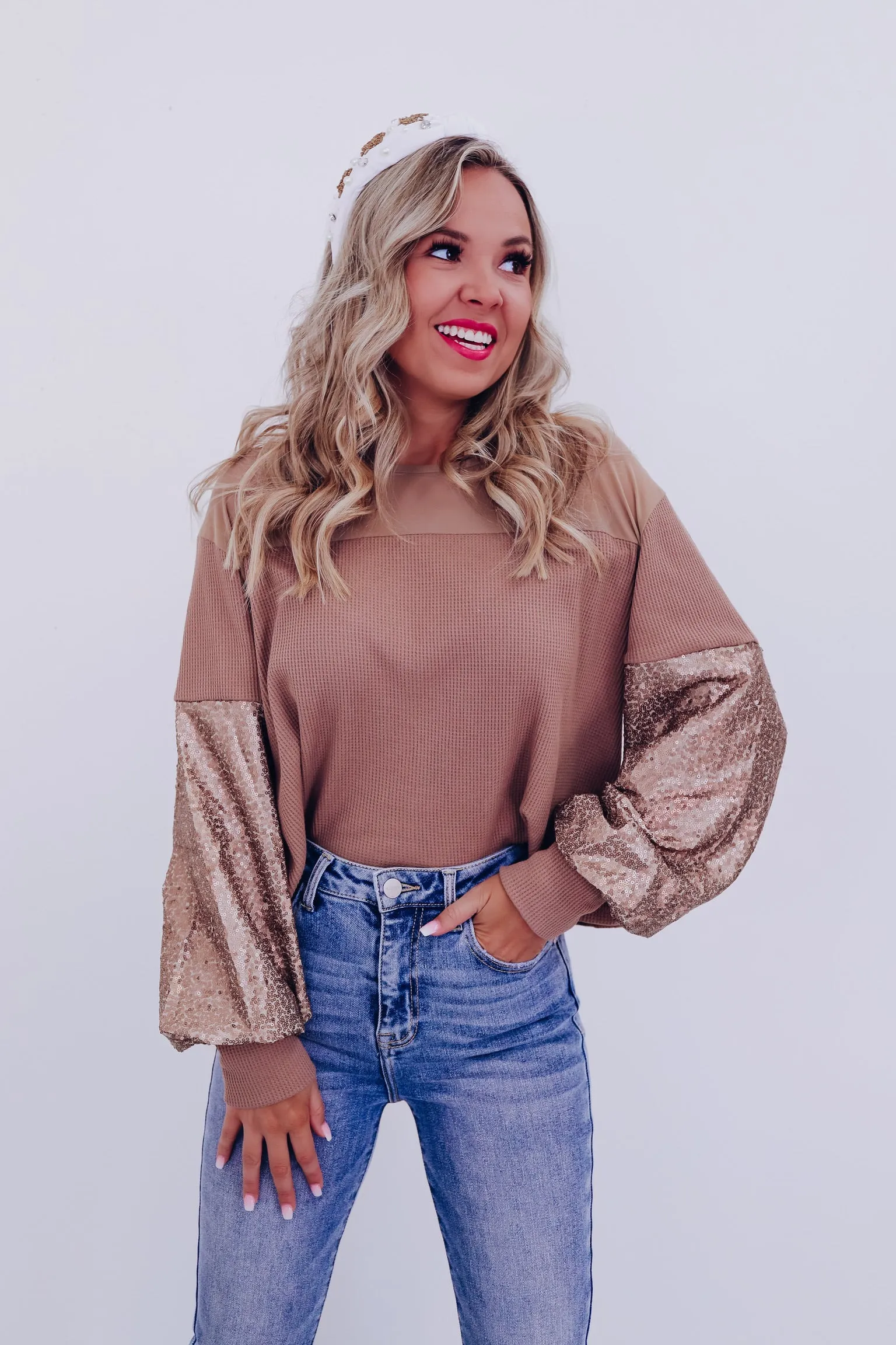 Mesmerizing Sequin Sleeve Crop Top - Mocha