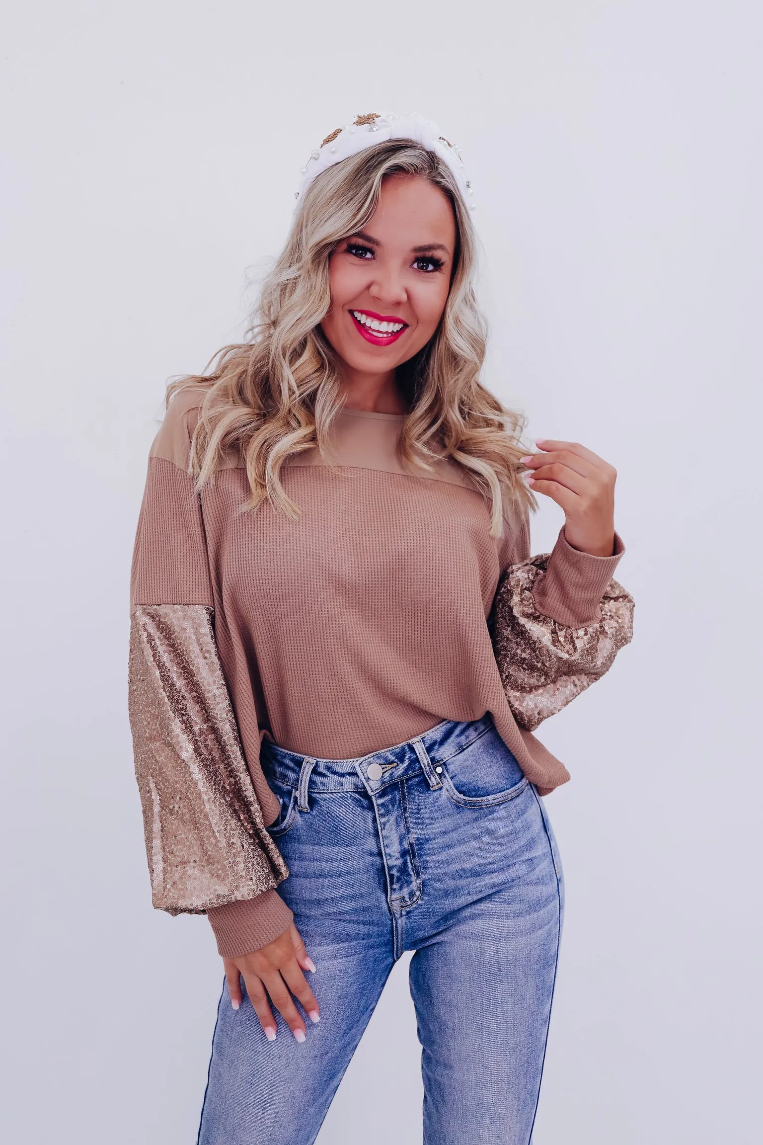 Mesmerizing Sequin Sleeve Crop Top - Mocha