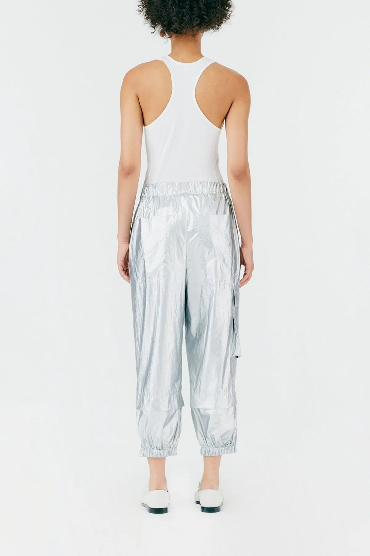 Metallic Nylon Pull On Jogger in Silver