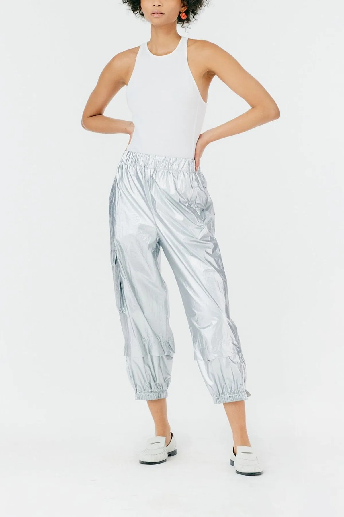 Metallic Nylon Pull On Jogger in Silver