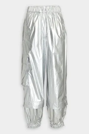 Metallic Nylon Pull On Jogger in Silver
