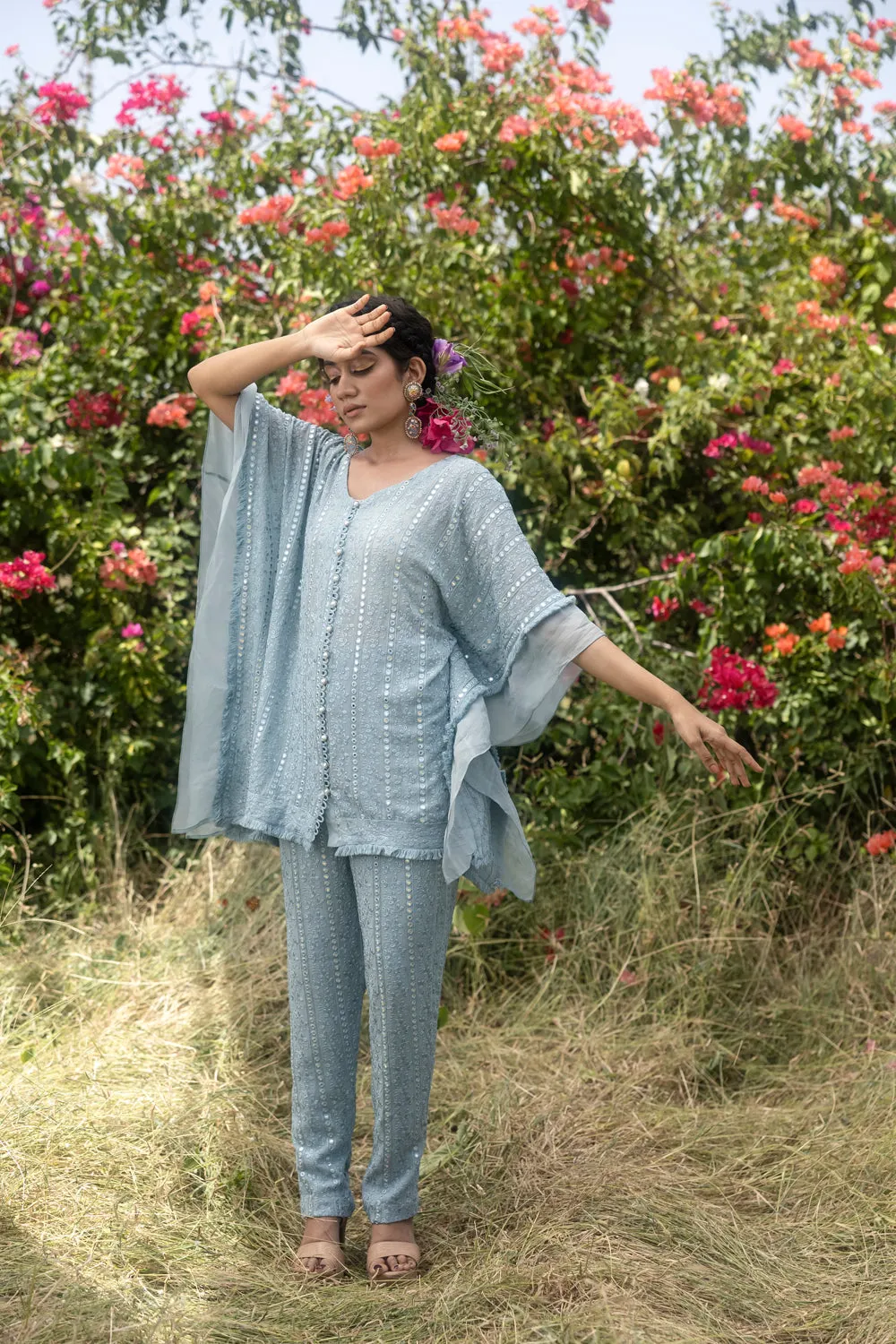 Mirrror And Thread Embroidery Kaftan Top With Staright Pants