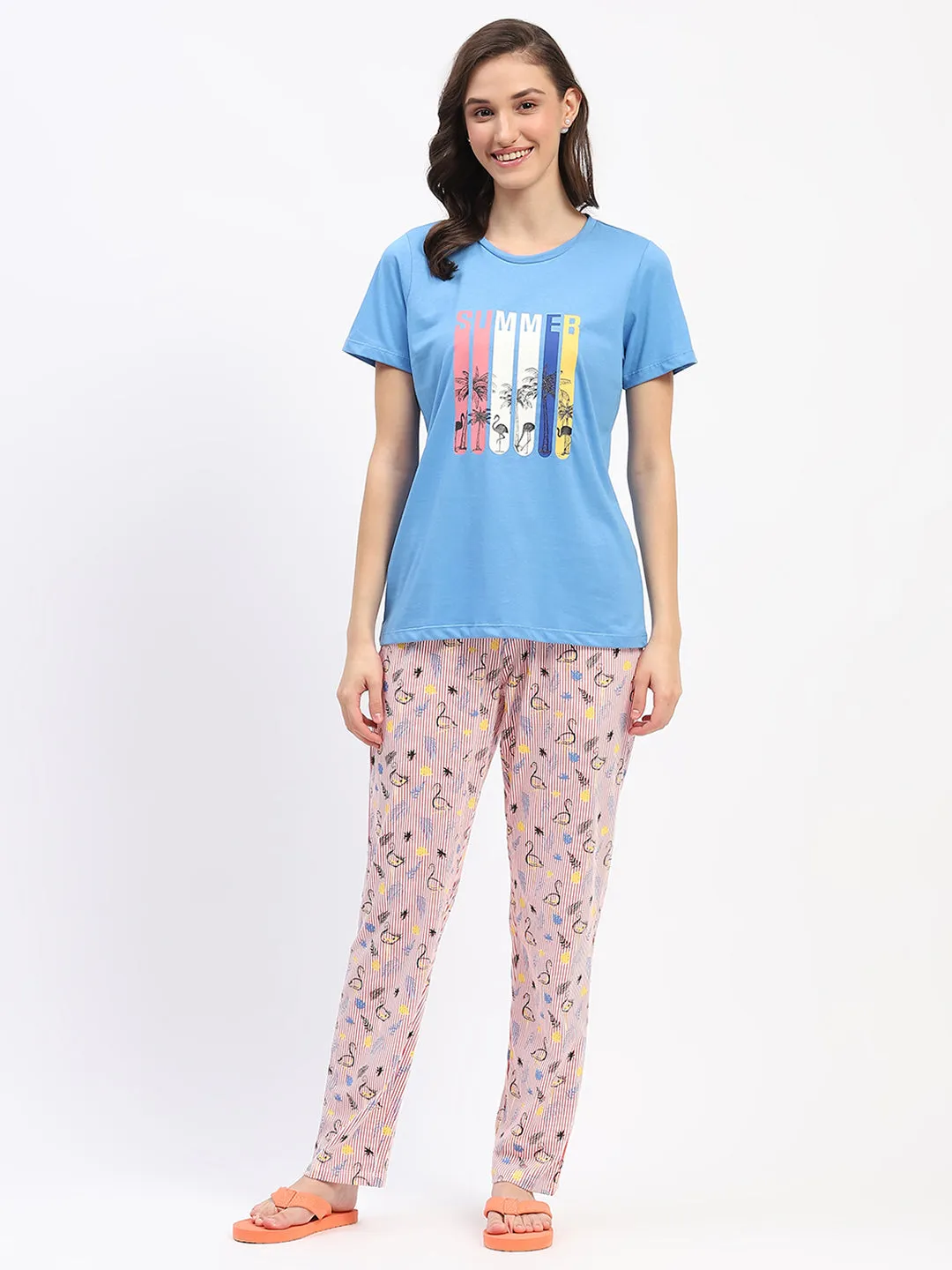 mSECRET Blue Cotton T-Shirt and Printed Pajama Night Suit Set