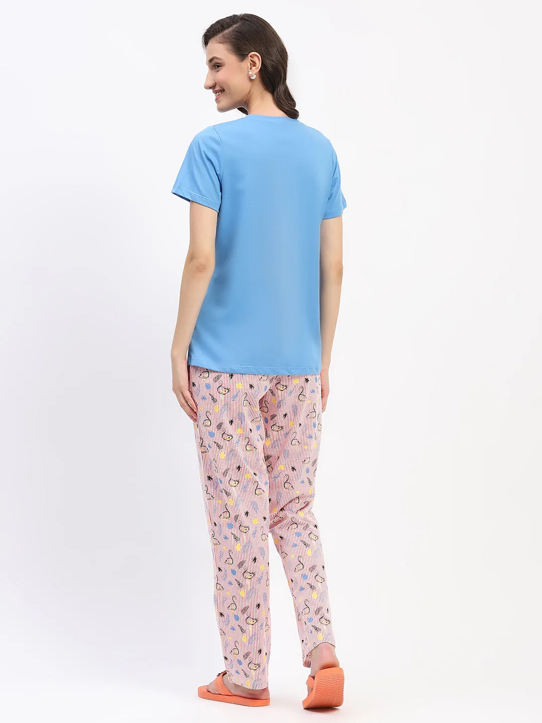 mSECRET Blue Cotton T-Shirt and Printed Pajama Night Suit Set