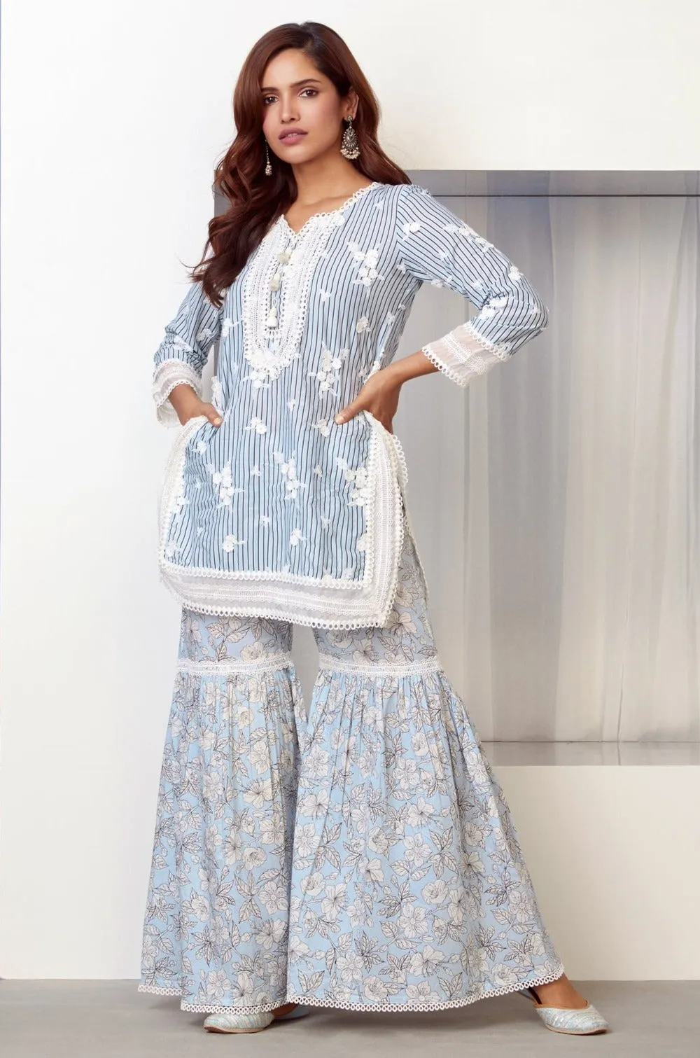 Mulmul Cotton Chelsea Kurta Blue With Chelsea Garara Blue