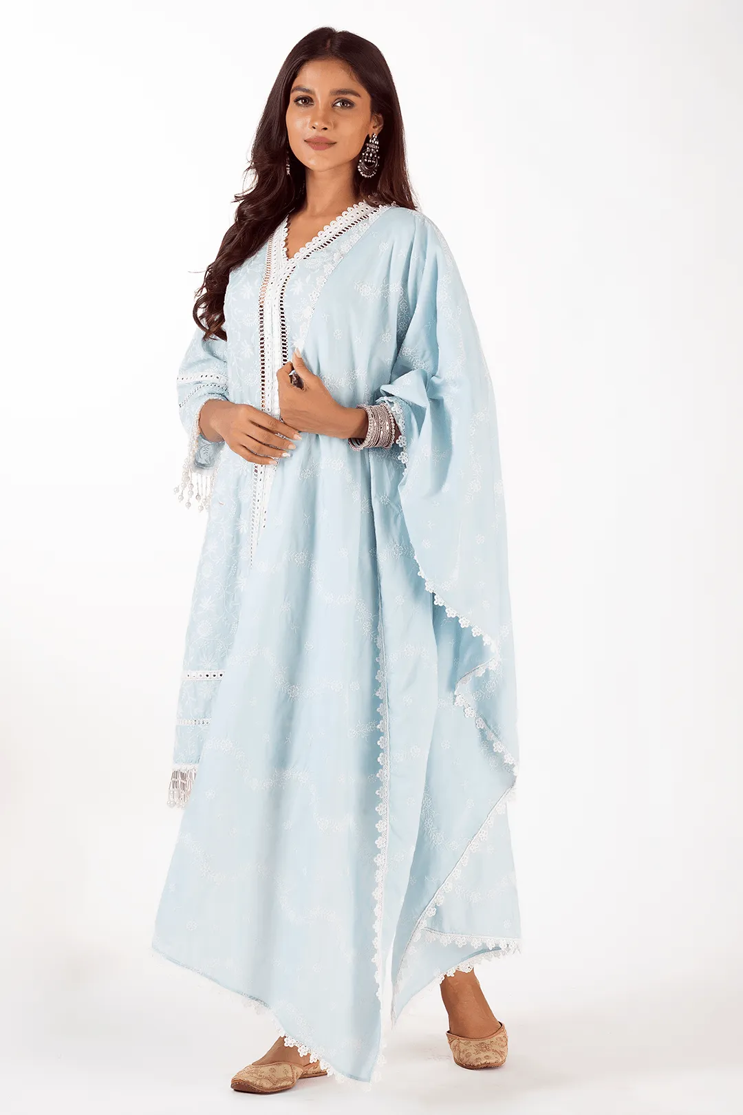 Mulmul Cotton Mollie Light Blue Kurta With Scallop Dhoti White