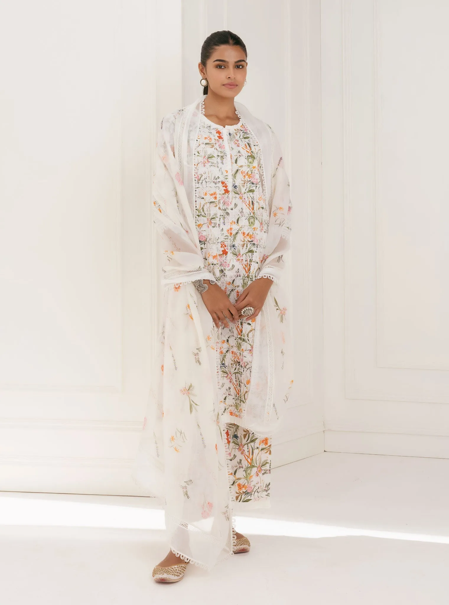Mulmul Cotton Rafaela White Kurta With Rafaela White Pant