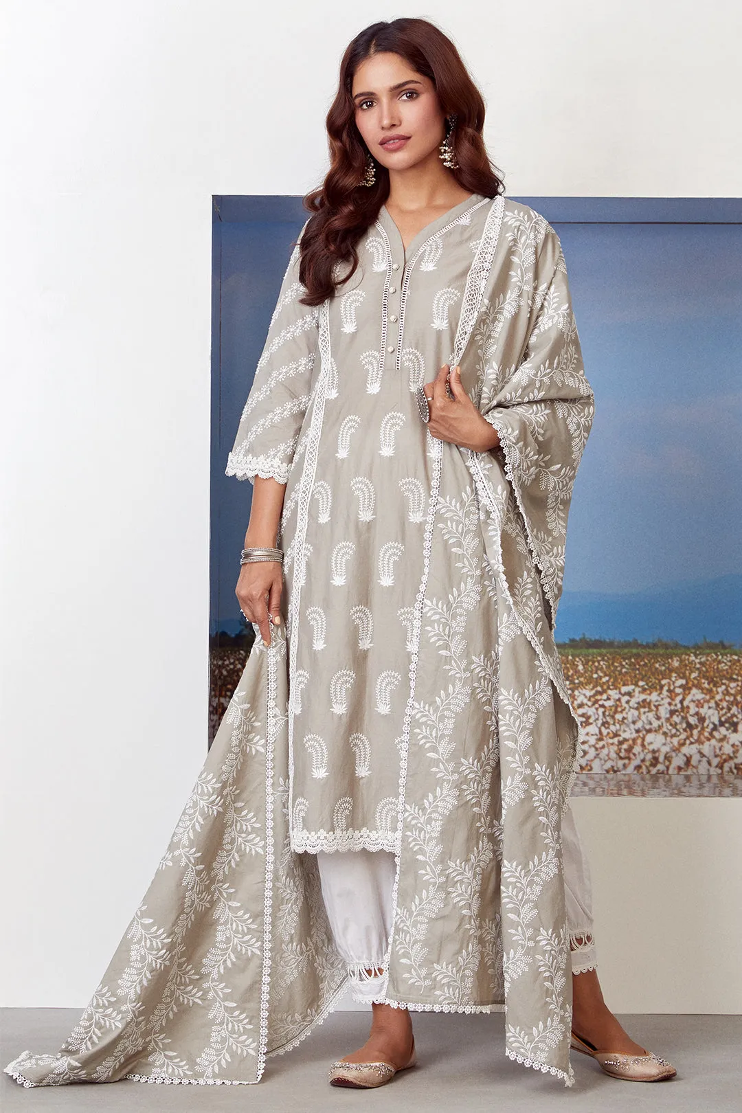 Mulmul Cotton Rhinestone Grey Kurta With New Harem White Pyajama