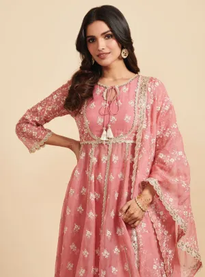 Mulmul Organza Dilbaro Mauve Anarkali Kurta With Mulmul Cupro Dilbaro Mauve pant