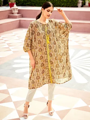 Multi Color Mirror Work Embroidered Georgette Kaftan With Tassels And Slip, Cotton White Regular Fit Trousers