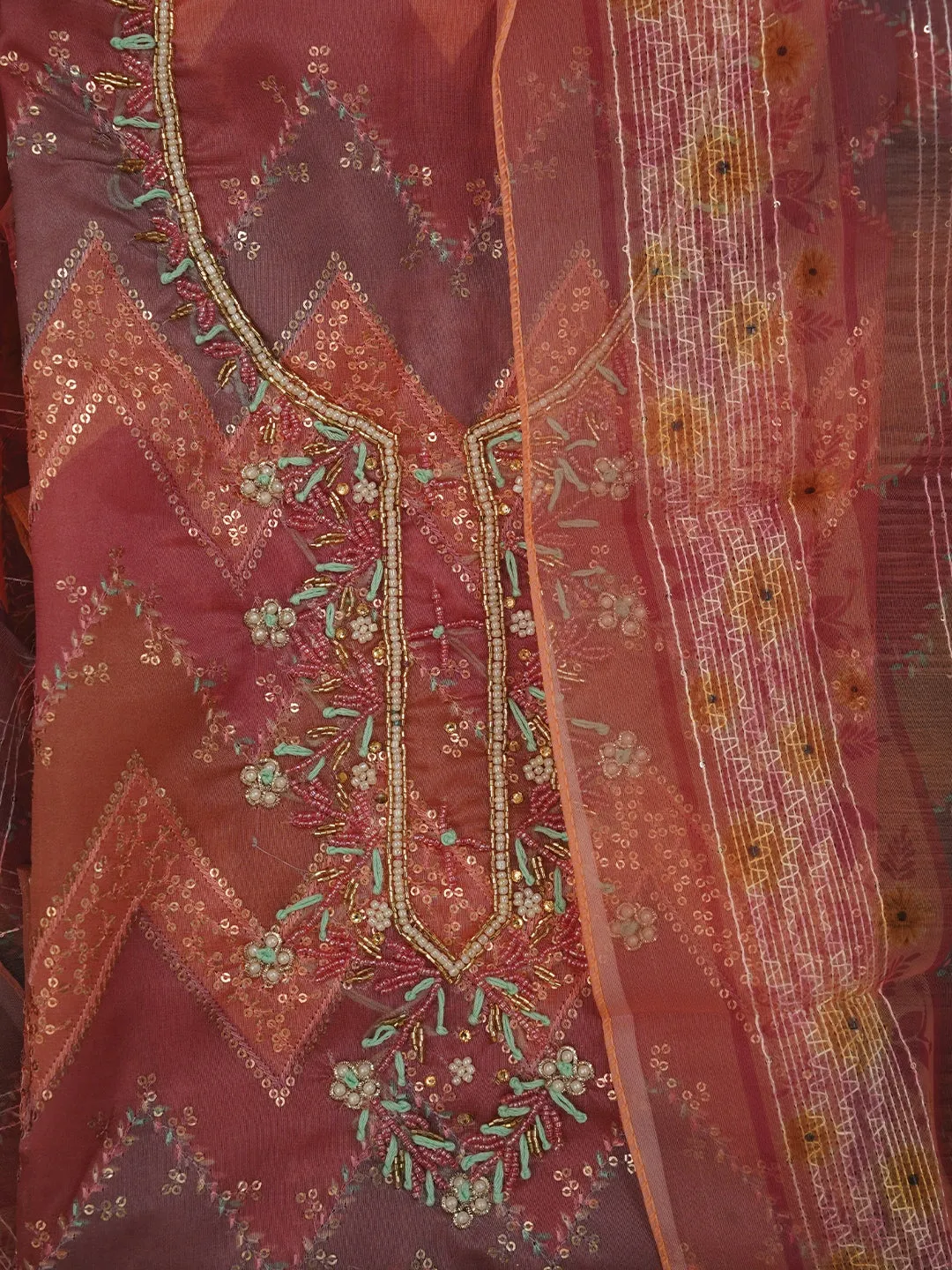 Multicolor Sequin Embroidered Organza Dress Material with Dupatta