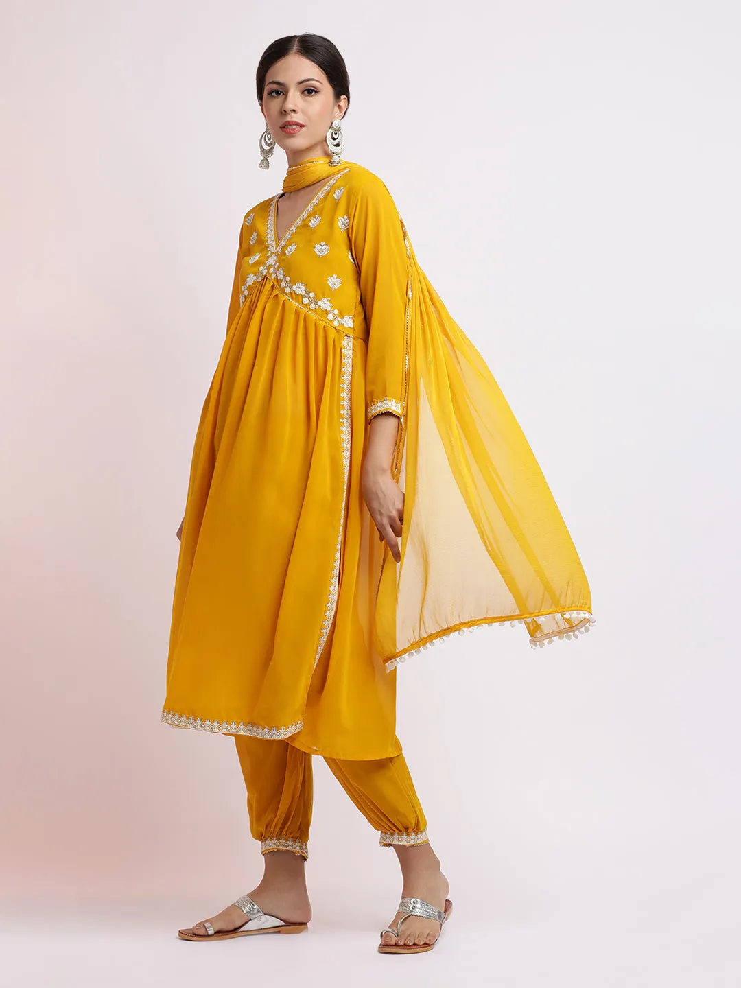Mustard Embroidered Georgette Kurta Set With Dupatta