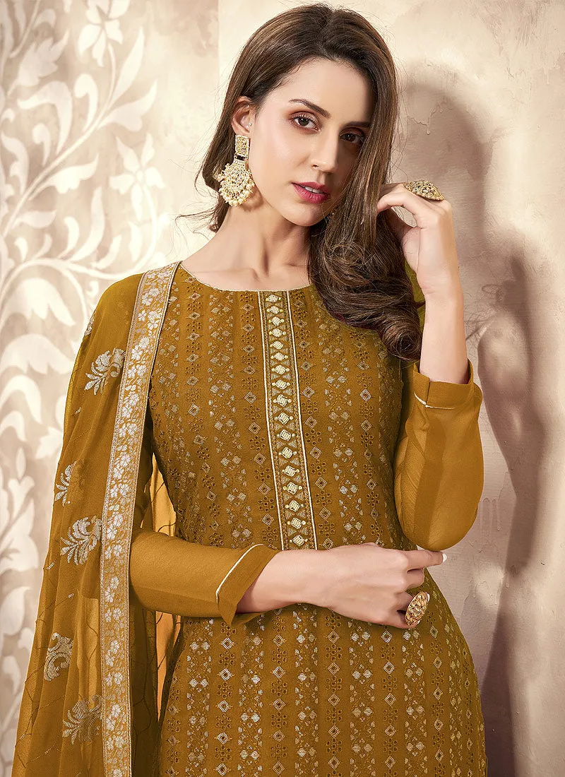 Mustard Yellow Sequence Embroidered Pakistani Pant Suit