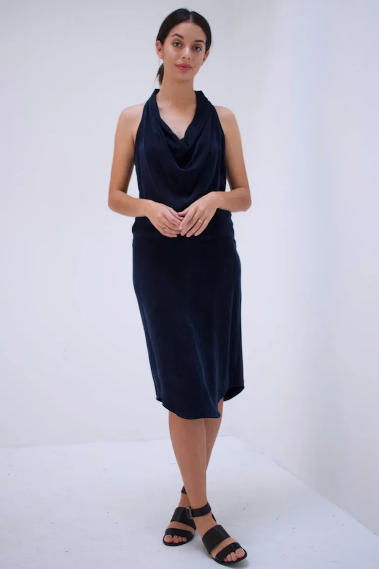 Natalie Busby Cupro & Jersey Cowl Neck Dress, Sapphire