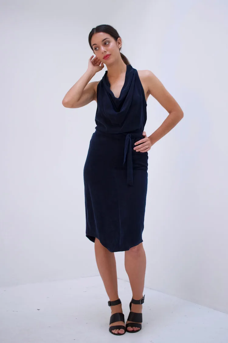 Natalie Busby Cupro & Jersey Cowl Neck Dress, Sapphire