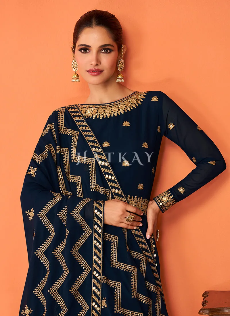Navy Blue Embroidered Georgette Designer Anarkali Suit