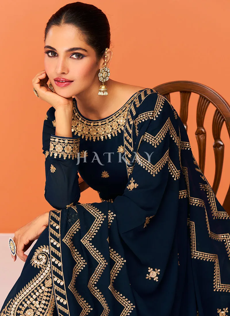 Navy Blue Embroidered Georgette Designer Anarkali Suit
