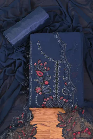 Navy Blue Heavy Embroidered Poly Georgette Dress Material with Dupatta