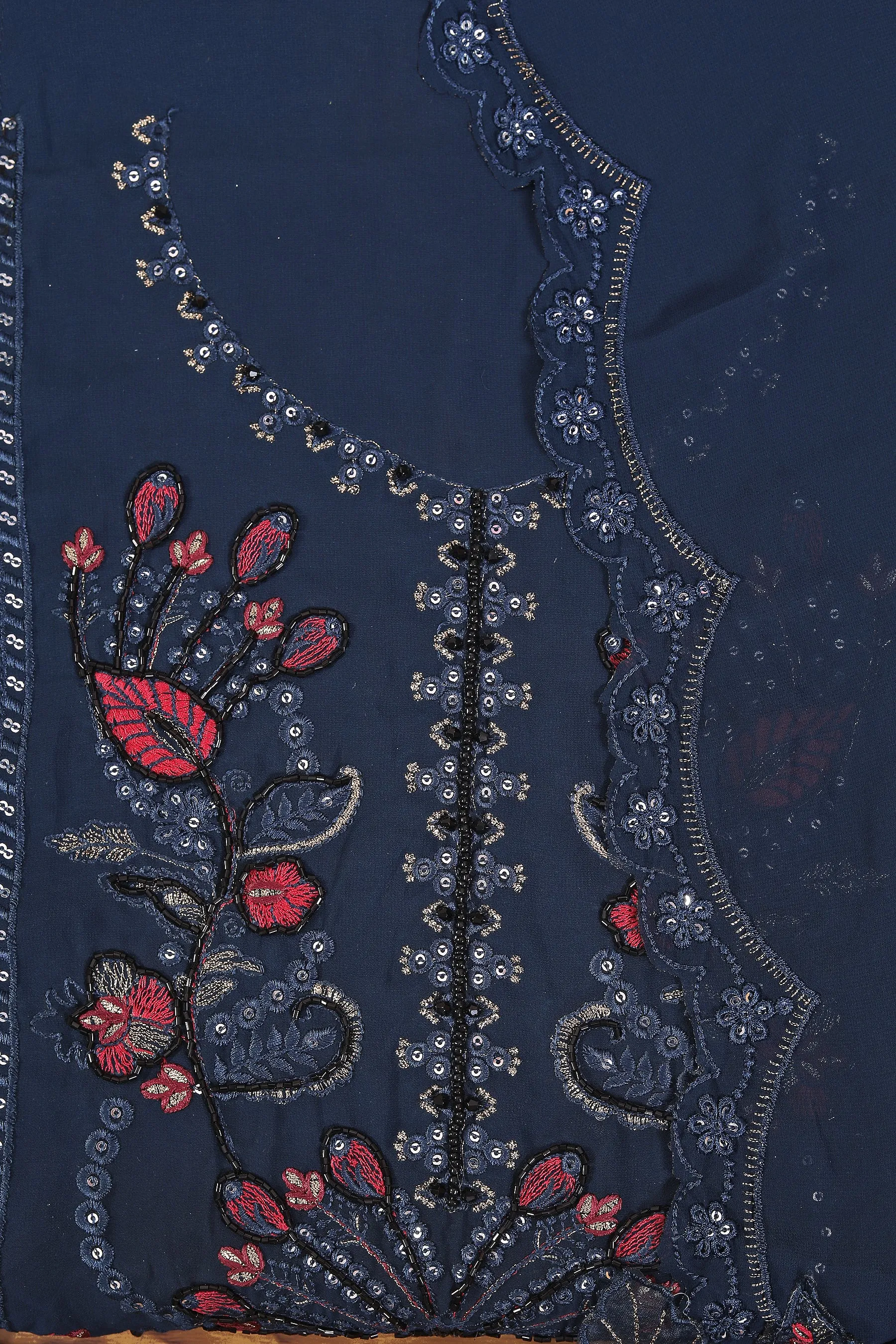 Navy Blue Heavy Embroidered Poly Georgette Dress Material with Dupatta