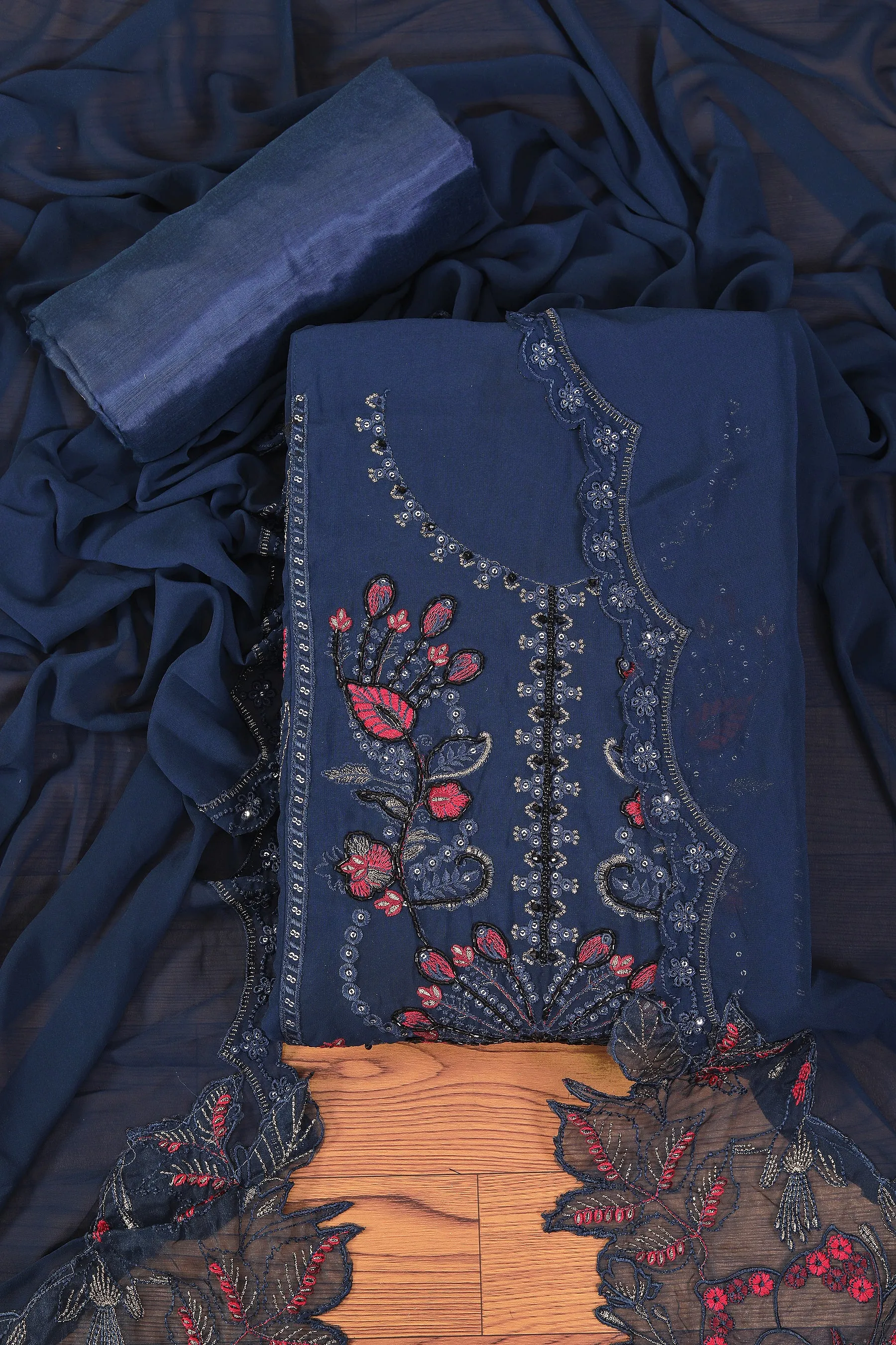 Navy Blue Heavy Embroidered Poly Georgette Dress Material with Dupatta