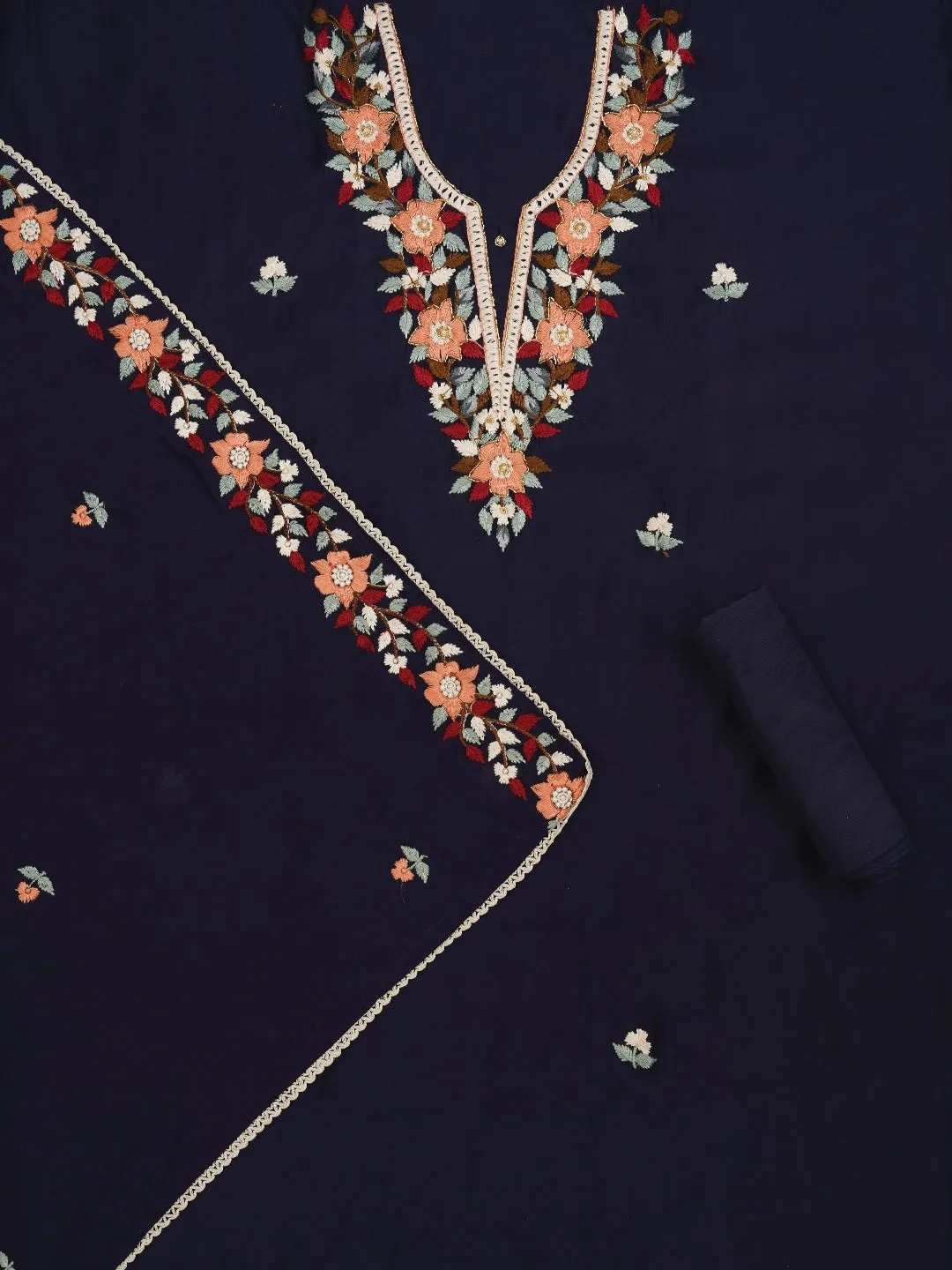 Navy Blue Pure Silk Lucknowi Embroidered Dress Material with Dupatta