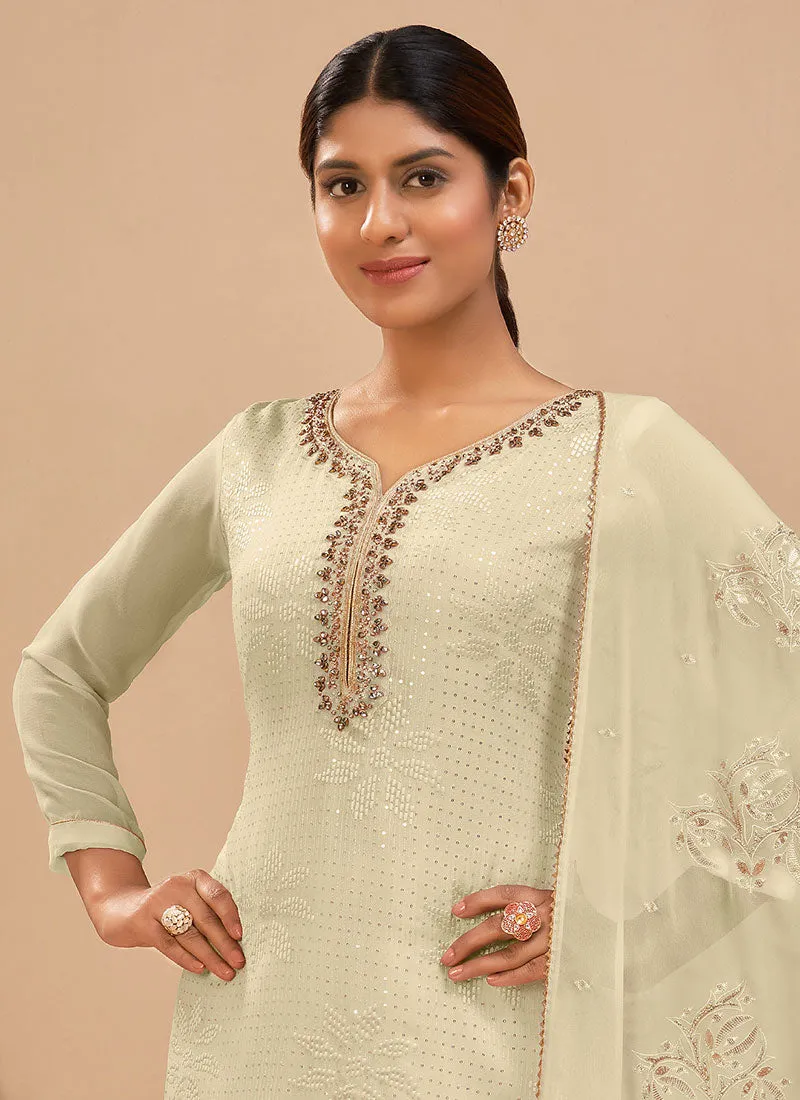 Off White Multi Embroidered Pakistani Pant Style Suit
