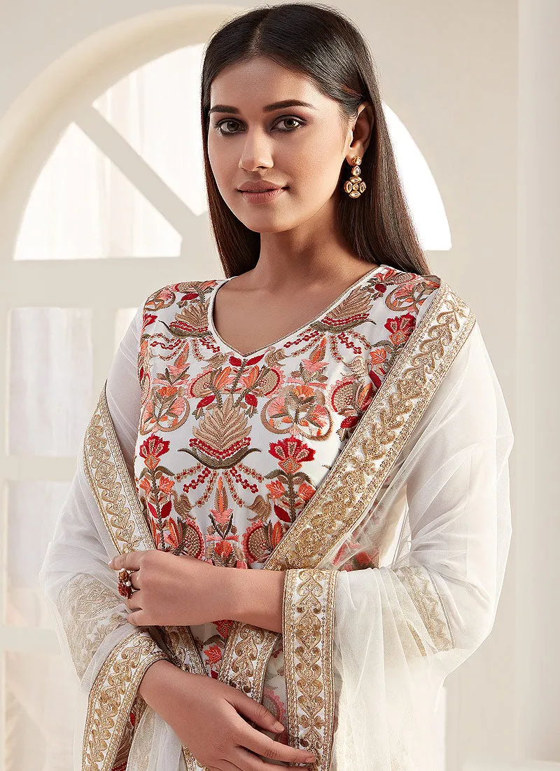Off White Multi Embroidered Pants Style Suit