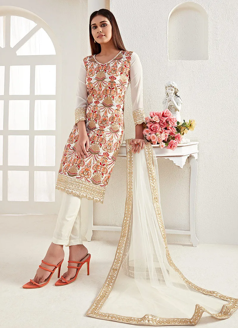 Off White Multi Embroidered Pants Style Suit