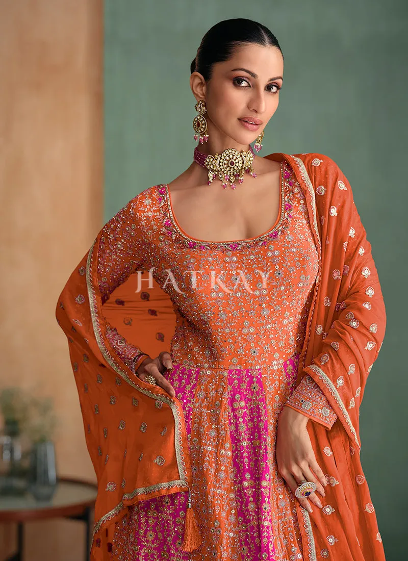 Orange And Pink Embroidery Anarkali Gown