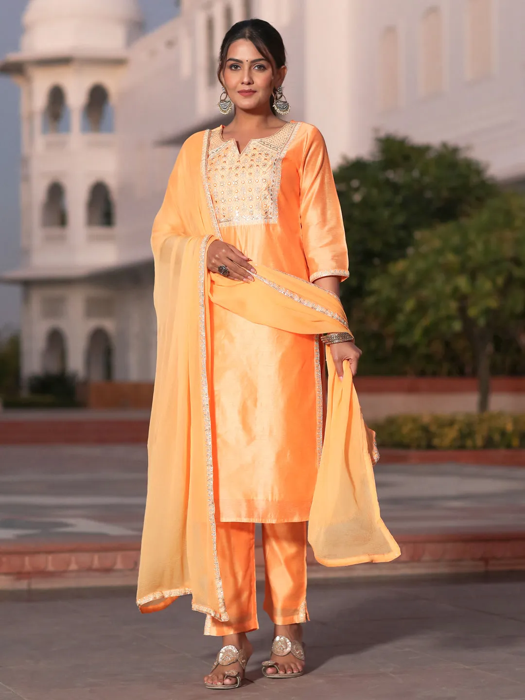 Orange Chanderi Embroidered Kurta With Trousers And Chiffon Dupatta