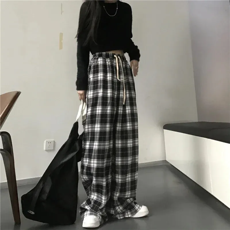 Oversized Black Plaid Sweatpants for Women