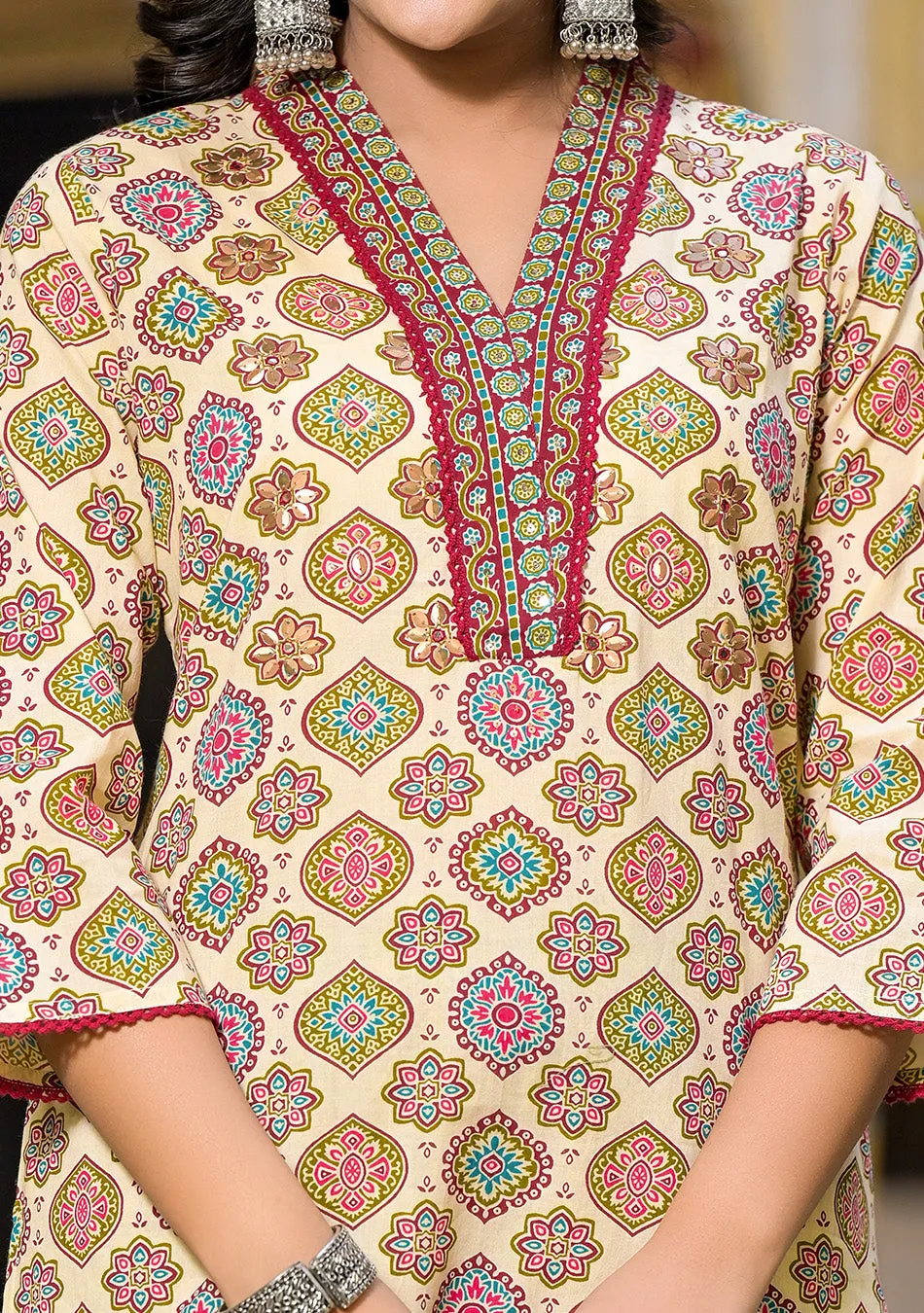 Patterned Beige and Maroon Suit With Dupatta