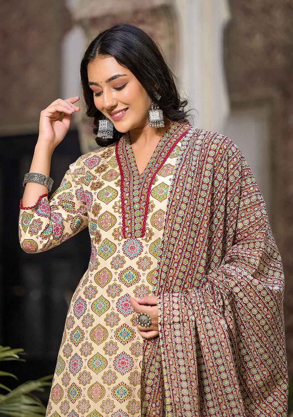 Patterned Beige and Maroon Suit With Dupatta
