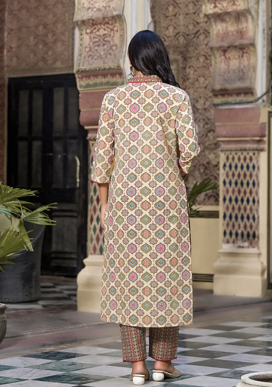 Patterned Beige and Maroon Suit With Dupatta