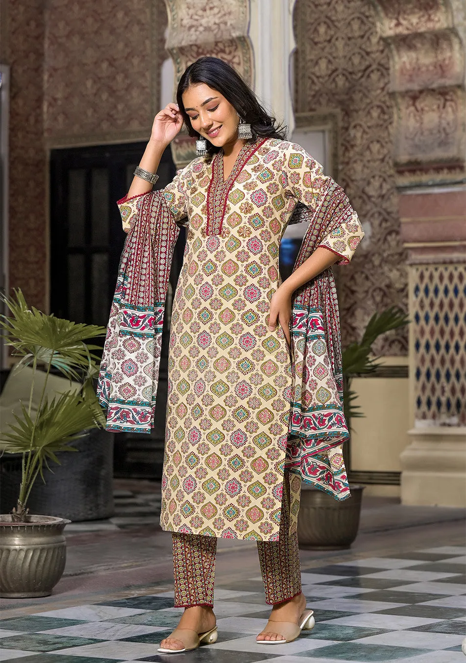 Patterned Beige and Maroon Suit With Dupatta