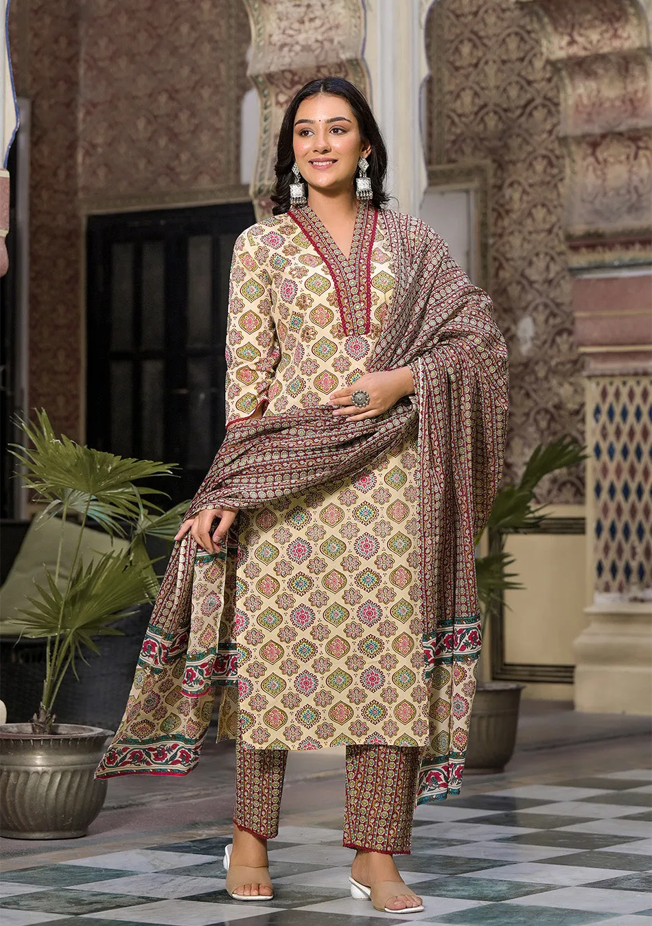 Patterned Beige and Maroon Suit With Dupatta