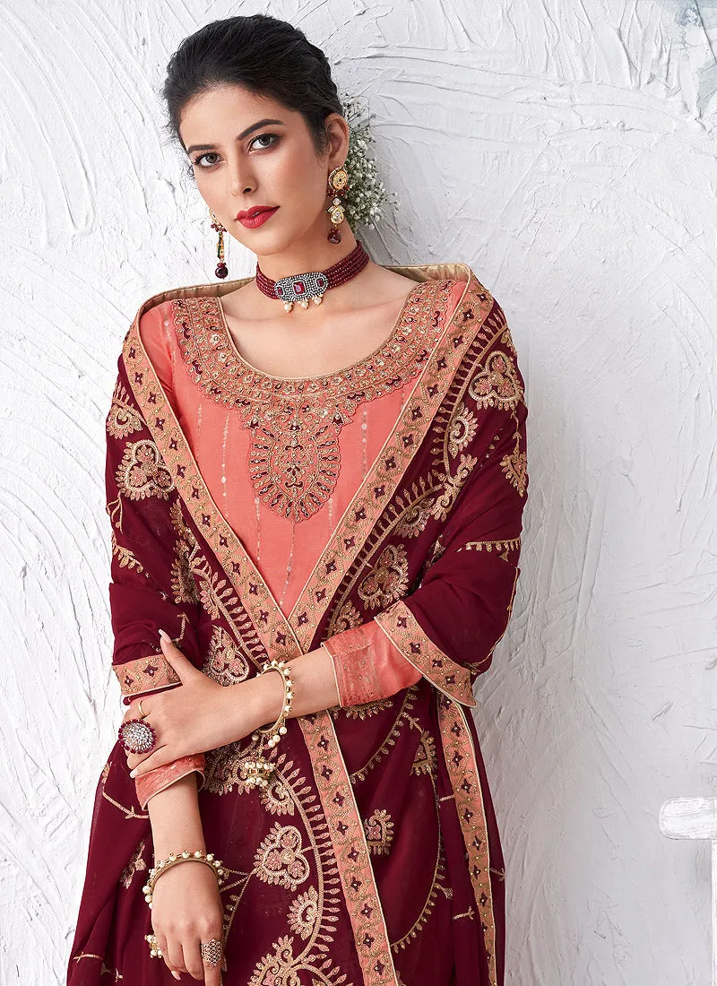 Peach And Maroon Embroidered Palazzo Suit