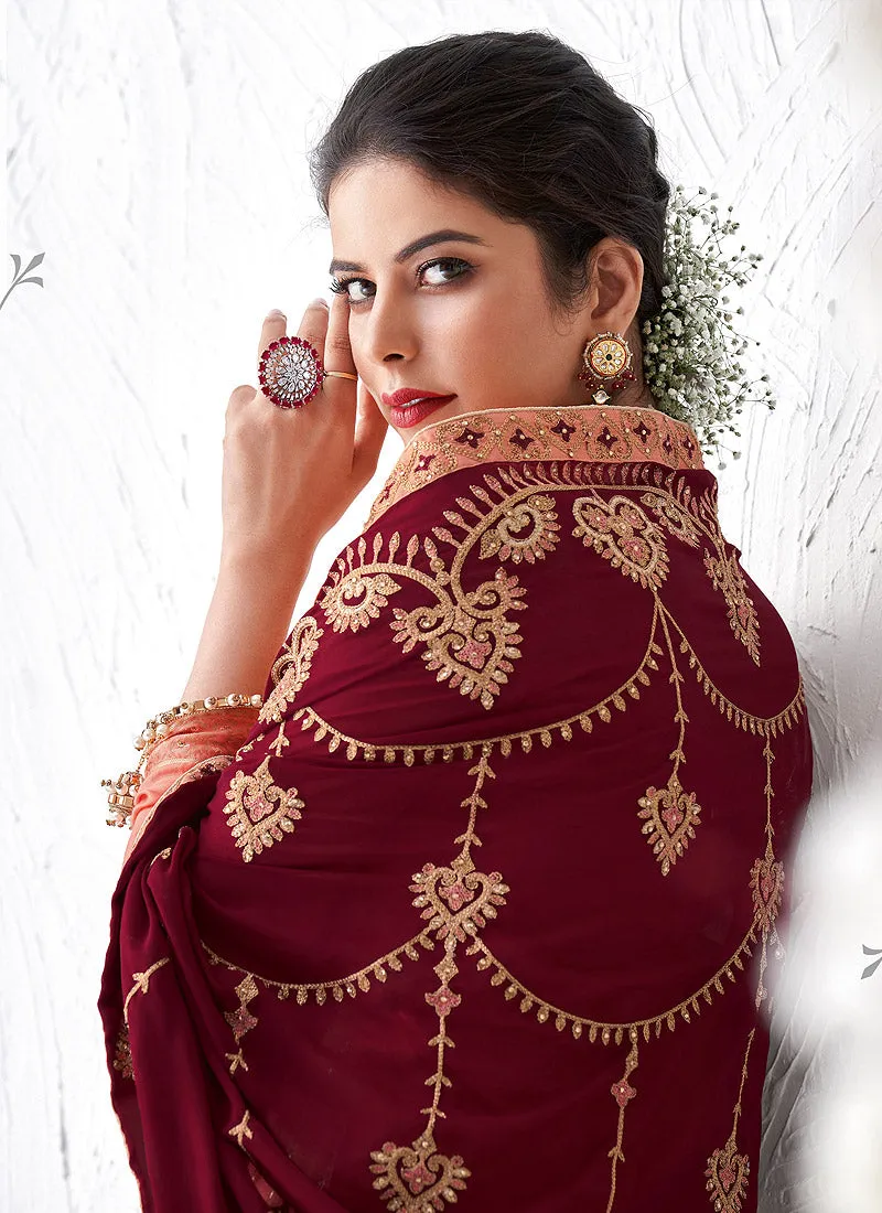 Peach And Maroon Embroidered Palazzo Suit