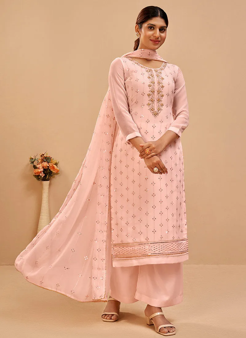 Peach Embroidered Pakistani Pant Suits