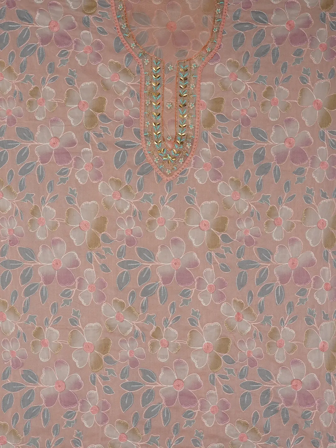 Peach Floral Embroidered Organza Dress Material with Dupatta