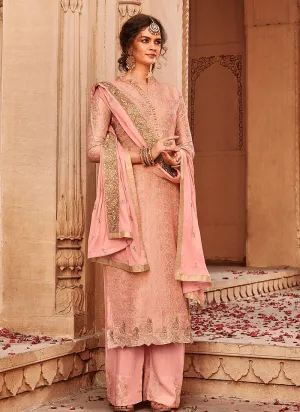 Peach Golden Embroidered Palazzo Pant Suit