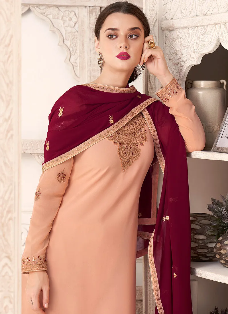 Peach Multi Embroidered Pant Style Suit