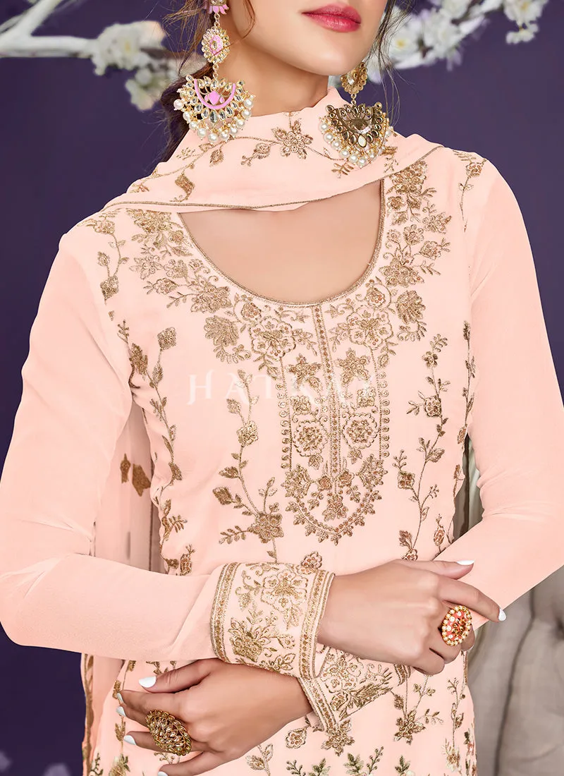 Peach Sequence Embroidered Pant Suit