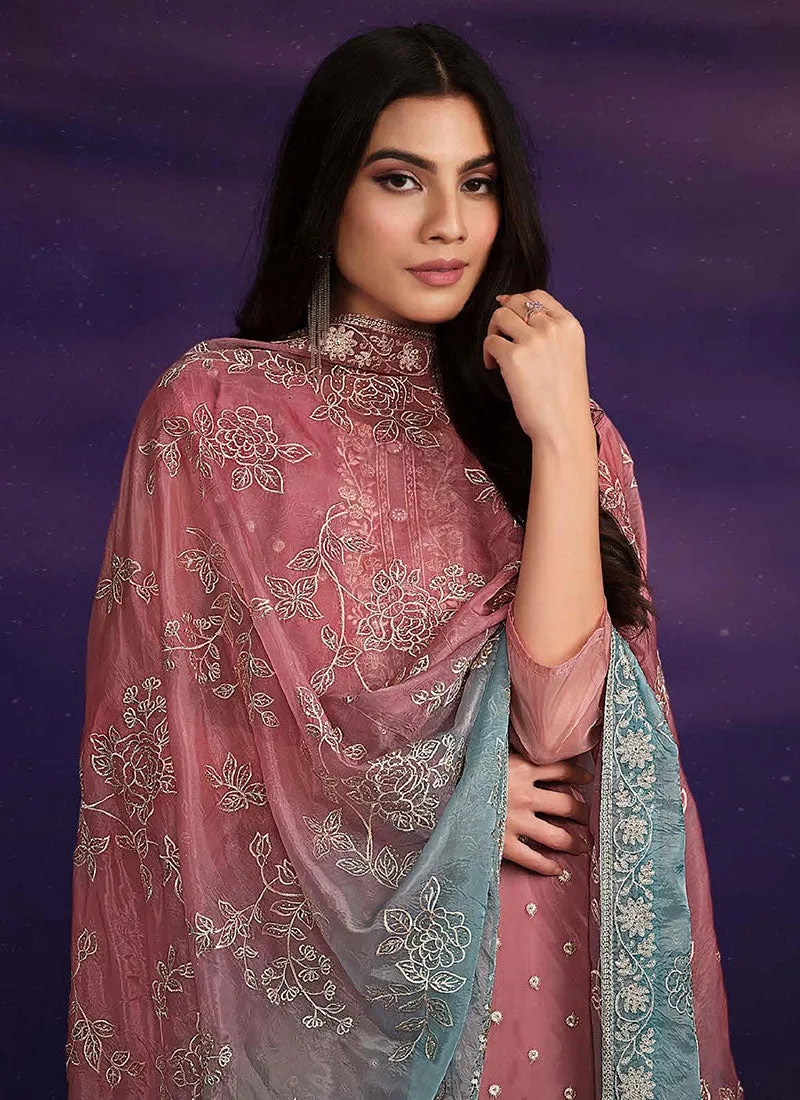 Pink And Blue Embroidered Salwar Kameez Suit