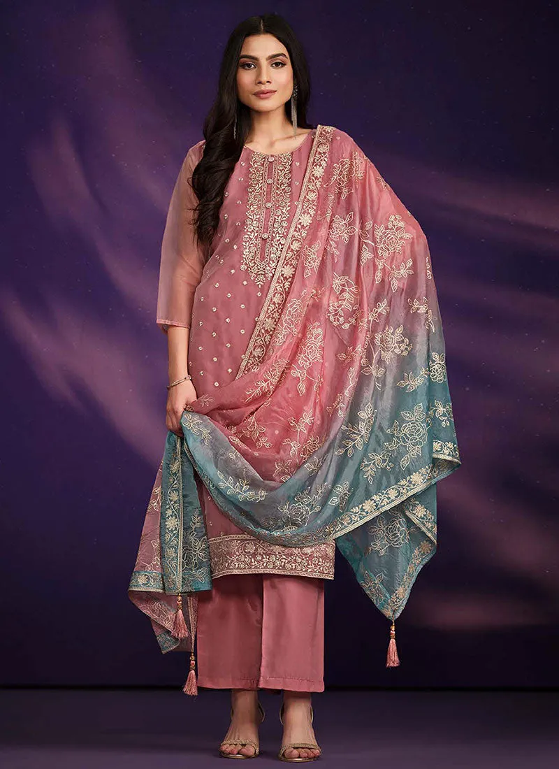 Pink And Blue Embroidered Salwar Kameez Suit