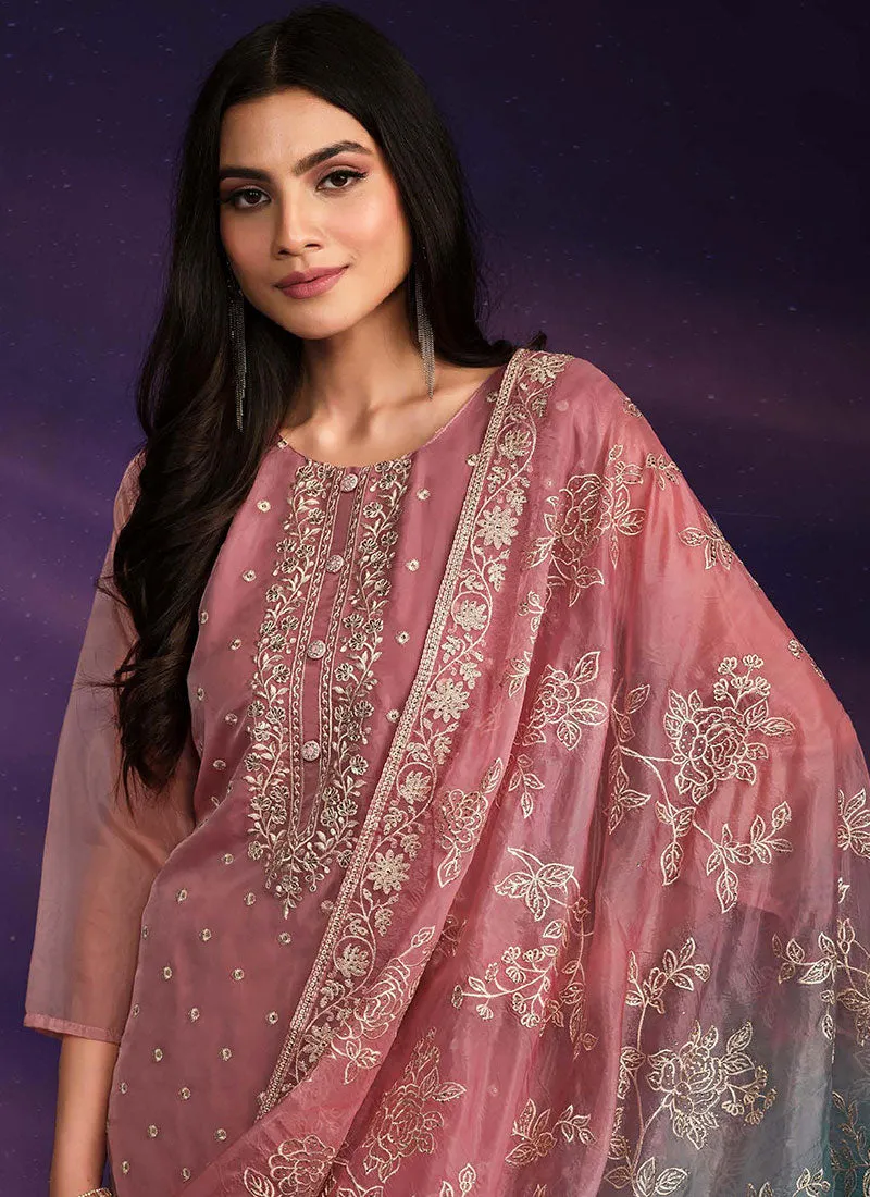 Pink And Blue Embroidered Salwar Kameez Suit