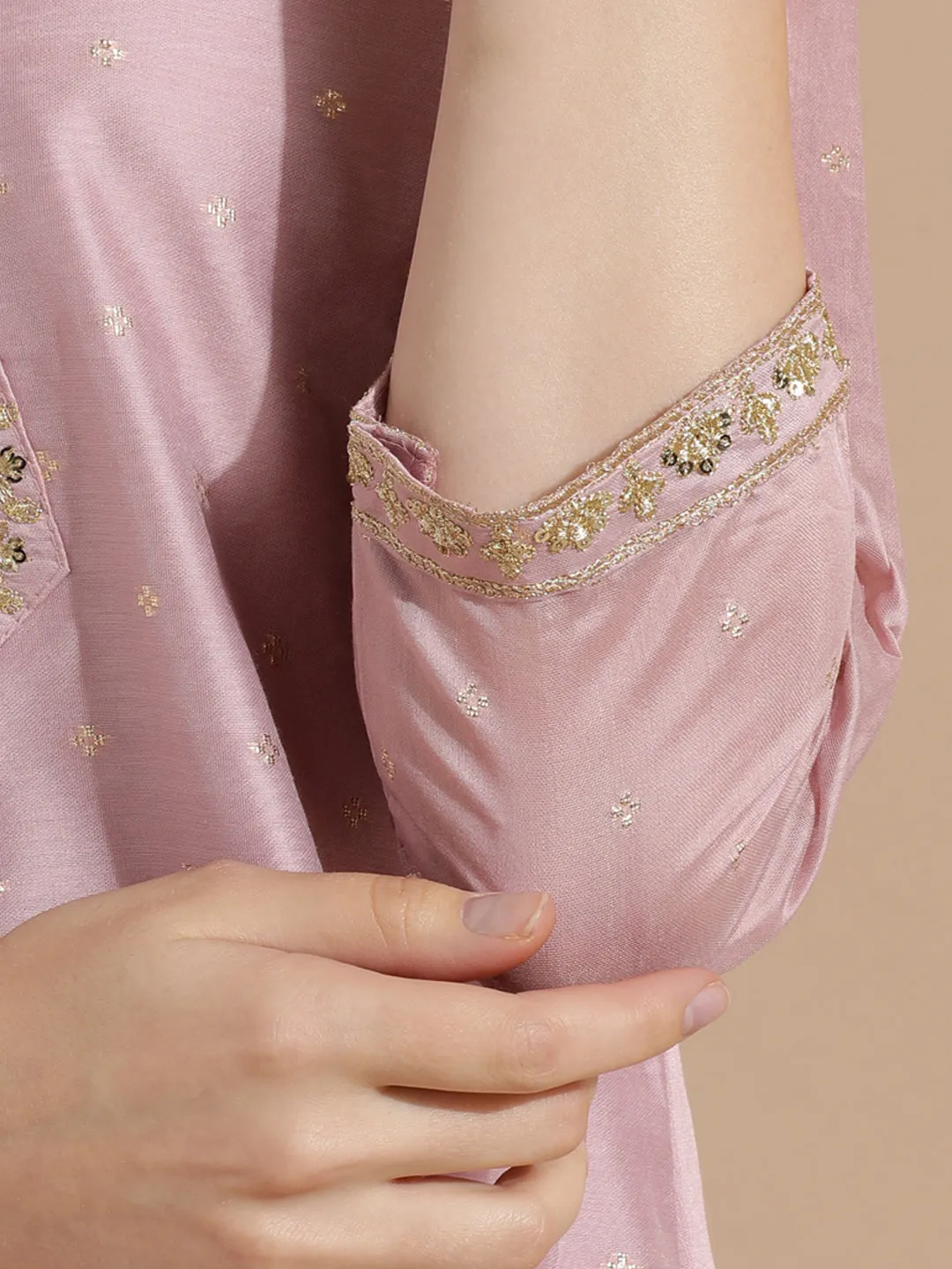 Pink Chanderi Woven Design Festive Kurta Set With Dupatta